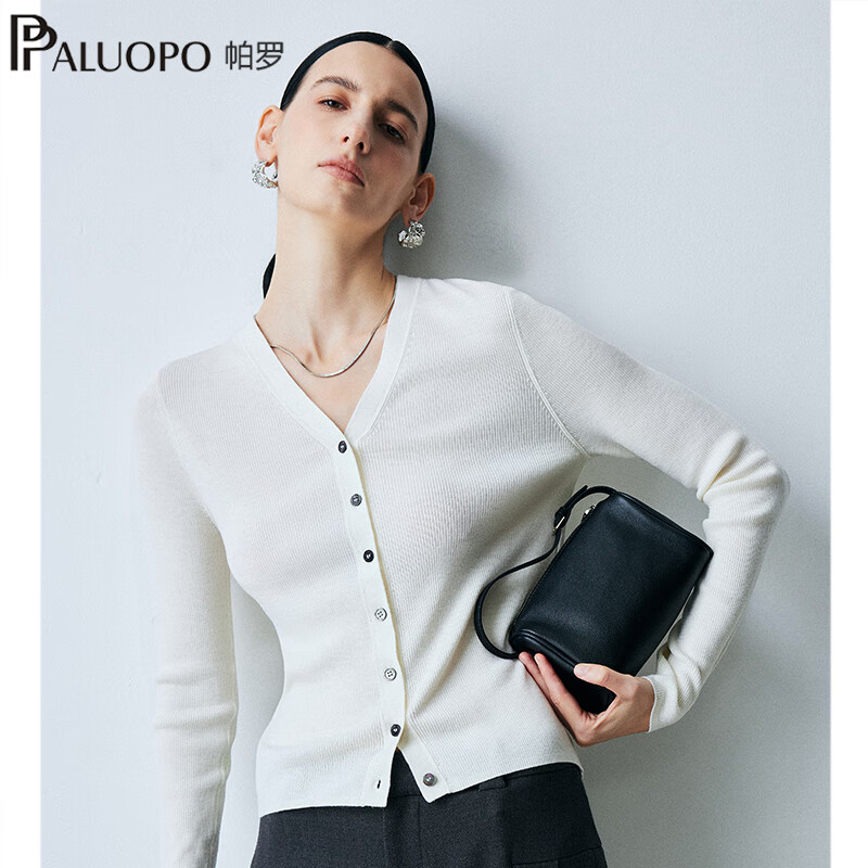 帕罗(PALUOPO)【精纺可机洗】秋冬新款v领纯羊毛开衫女针织衫毛衣60支扬子纱 白色 S 155/95