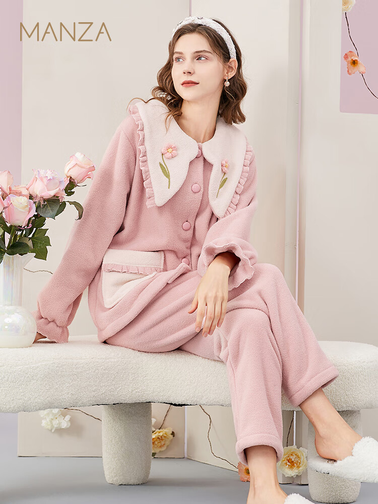 玛伦萨(manza)抗静电羊羔绒珊瑚绒保暖睡衣女冬季加绒加厚家居服套装 暖粉 XL