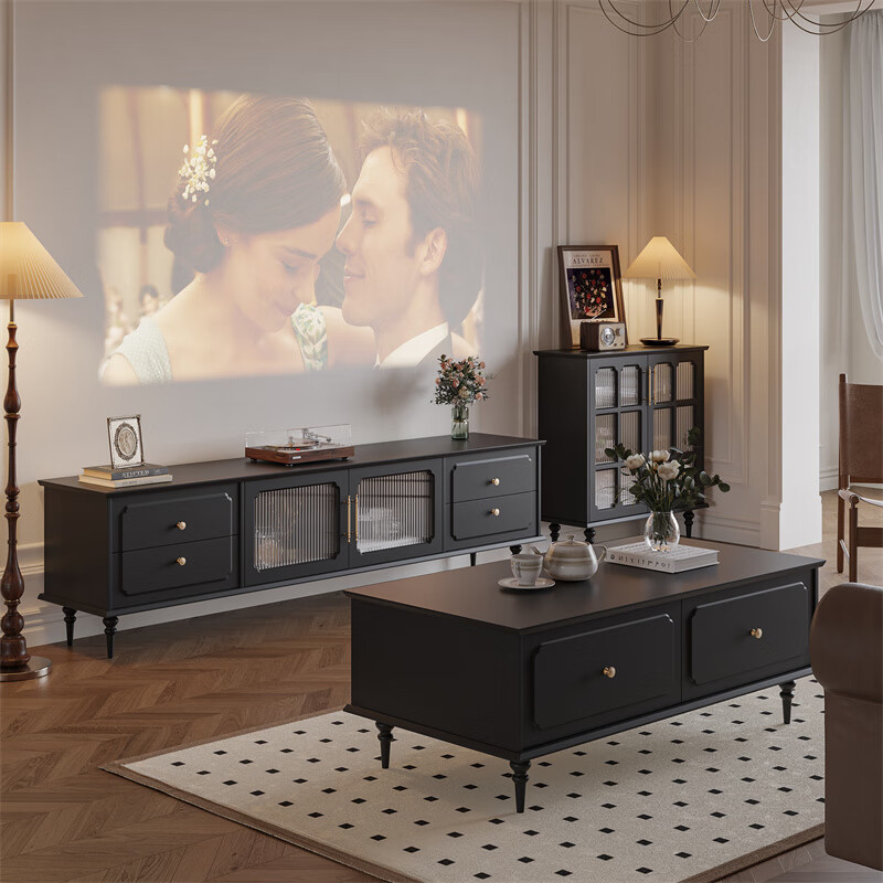 名琢美式复古电视柜茶几组合家具家用客厅新款法式中古风黑色电视机柜 1.8米电视柜+1.2米茶几