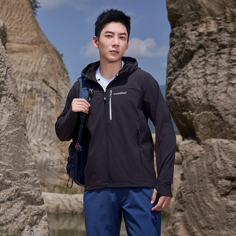 mont·bell软壳衣男款户外秋冬防风保暖防泼水徒步登山连帽外套 1106727 BK黑色 L