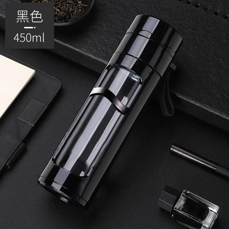 泡茶杯子高棚硅雙層茶水分離獨(dú)立茶倉(cāng)大容量耐高溫禮品玻璃水杯 450ml 黑色茶水分離 400450666ML