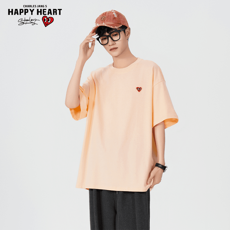 查尔斯桃心短袖t恤男260G重磅夏季潮流刺绣圆领上衣青少年宽松纯棉短t 粉色 2XL
