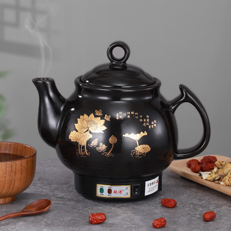 越进中药锅煎药壶全自动家用电砂锅煎药壶全自动中药壶家用熬中药砂锅中医熬药罐插电陶瓷中药煲养生壶 D8L普通自动/黑瓷不粘+鸣音（黑荷花） 6L