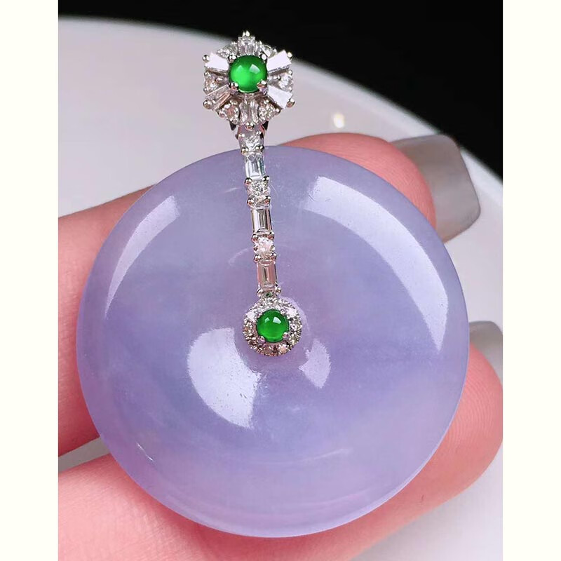 慈心缘 冰紫平安扣吊坠 18k金镶钻缅甸a货翡翠玉石挂件女士首饰27.