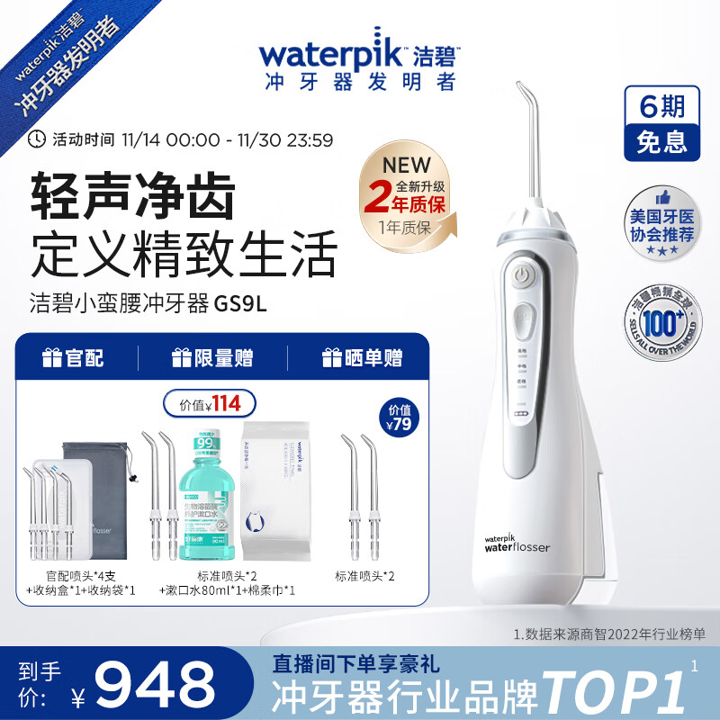 洁碧（Waterpik）便携式电动冲牙器清洁口腔洗牙器洁牙器去牙结石实用手持防水正畸小蛮腰GS9L礼物