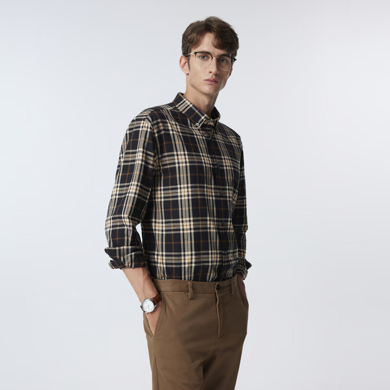 Scofield【新疆棉】男装24年秋季新款英伦复古休闲格纹全棉长袖衬衫 卡其色 M (170)
