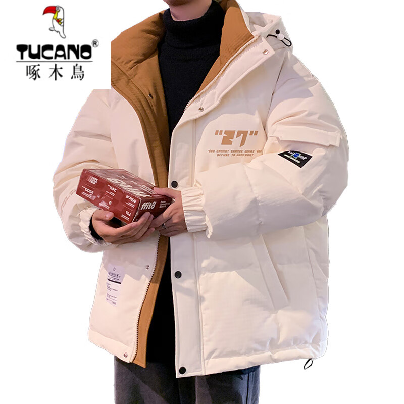 啄木鸟高档国潮羽绒服男冬季加厚新款连帽外套加绒青少年科技保暖防寒服 9002米色【石墨烯科技蓄热】 XL 175(约135~155斤可穿)