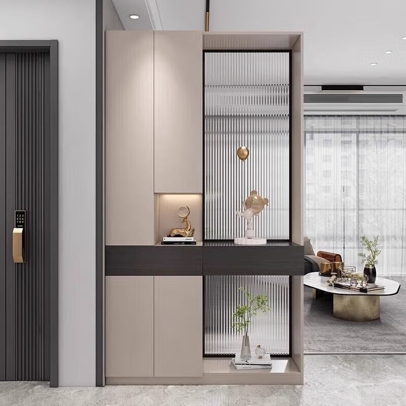 己何（JIHE）2024新款入户玄关柜客厅隔断柜轻奢玻璃屏风柜进门玄关柜鞋柜 90*35*210-奶油白+原木纹色A款 送货入户包安装