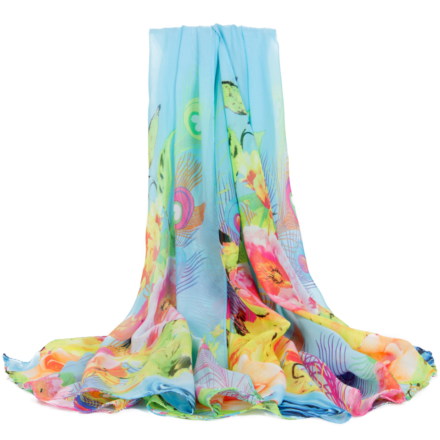 超大雪纺印花围巾白搭披肩两用女士韩版秋冬长款丝巾沙滩巾女 羽毛蓝色 160*50cm