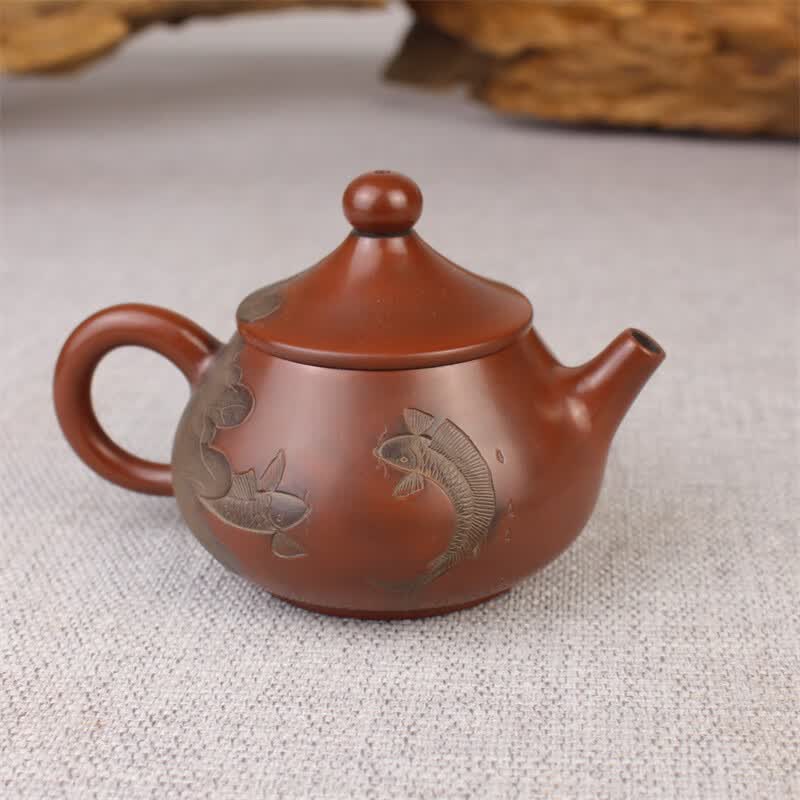 荷鱼斗笠壶上官清吉手制容量160cc球孔出汤坭兴陶老茶闷泡型茶壶 古铜