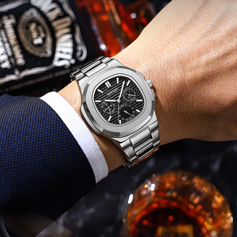 三达新品男士石英表多功能时尚不锈钢带防水男士三眼六针日历手表 银