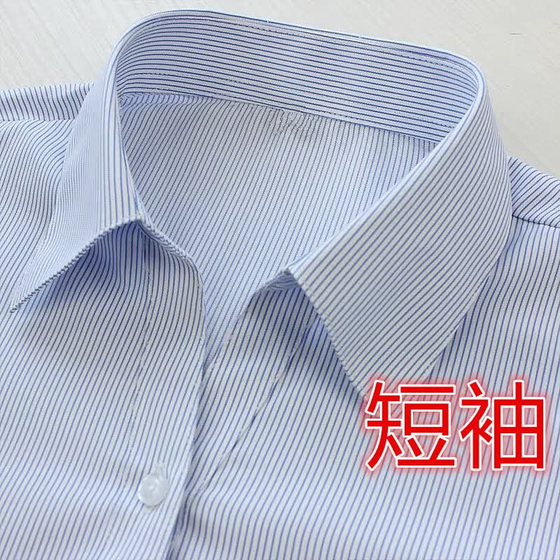 wit条纹工装女士短袖衬衣夏薄款正装免烫v领酒店银行职业工作服衬衫