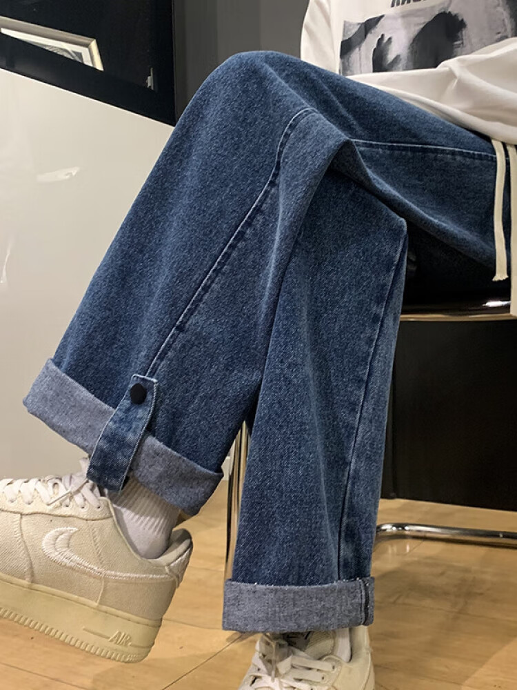 QGF美式復古牛仔褲女春秋季直筒寬松顯瘦高腰闊腿褲卷邊工裝褲子 藍色 M