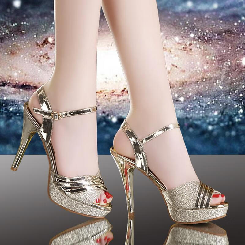 高跟鞋床上炮鞋鱼嘴纯欲法式新款2023夏百搭防水台时尚女凉鞋 金色8