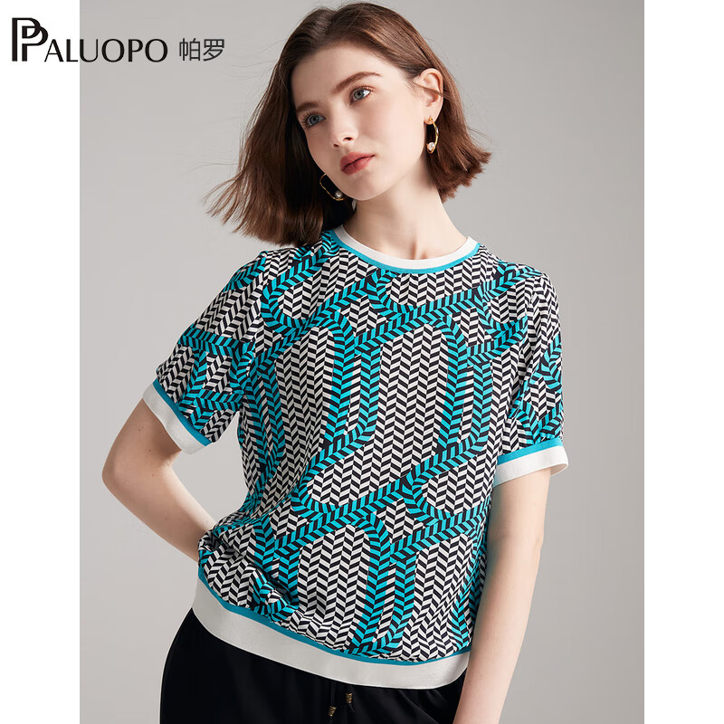 帕罗（PALUOPO）双绉新款真丝短袖体恤女士圆领印花100%桑蚕丝休闲百搭t上衣 黑蓝 L (165/88A)