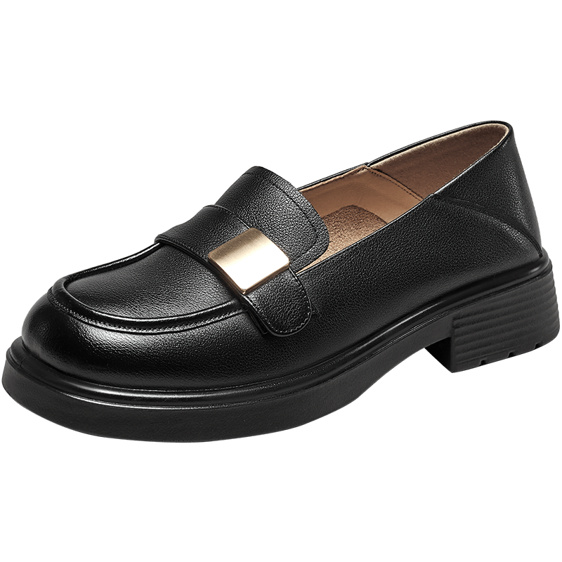 意尔康女鞋真皮乐福鞋2025春季新款休闲百搭女士单鞋一脚蹬粗跟皮鞋女 黑色 尺码偏大，建议拍小一码 36