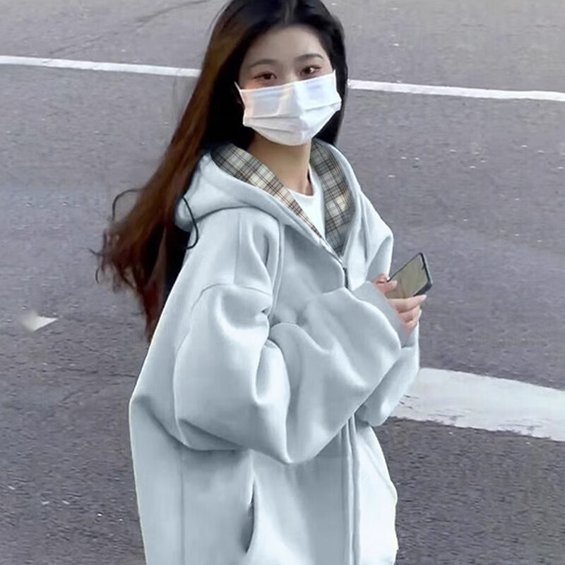 格子連帽藍(lán)色拉鏈外套女春秋薄款設(shè)計(jì)感小眾韓系寬松開(kāi)衫衛(wèi)衣上衣 藍(lán)色【春秋薄款】 L
