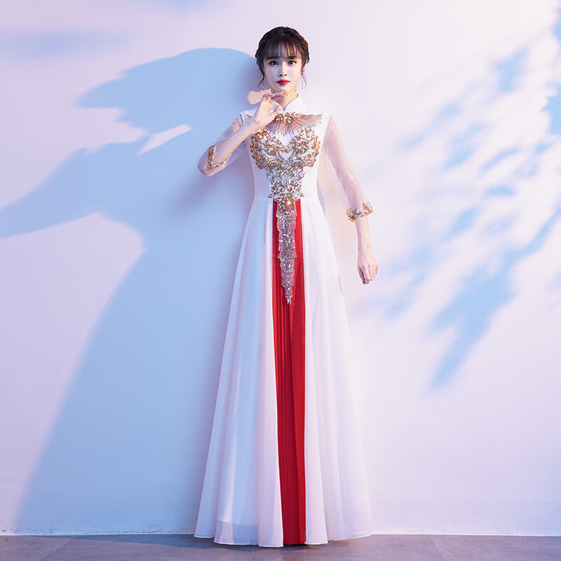 枫顾蓝独唱演出服女礼服高档中国风大合唱服长裙合唱团晚表演服装主持