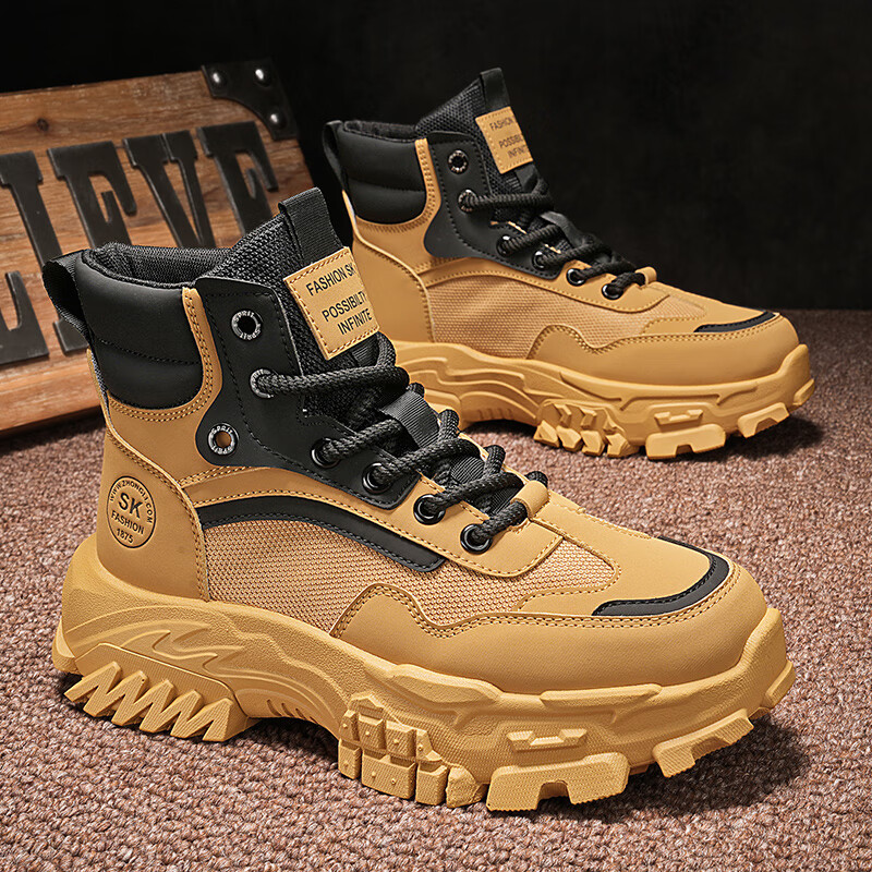 BAIKE马丁靴男冬季新款鞋子男雪地高帮靴子男劳保鞋工装鞋加绒保暖棉鞋 卡其 42 标准码