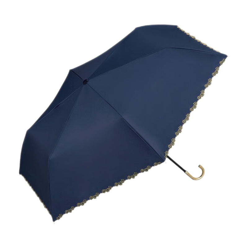 Wpc.遮陽傘女晴雨兩用遮光遮熱雨傘小巧便攜刺繡款防曬防紫外線彎鉤傘 黑膠邊緣花朵款801-19724深藍