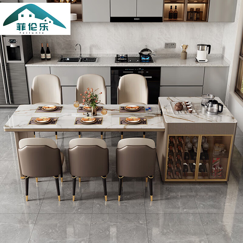 菲伦乐尤亚可伸缩岩板岛台餐桌一体带电磁炉轻奢酒柜家用多功能现代