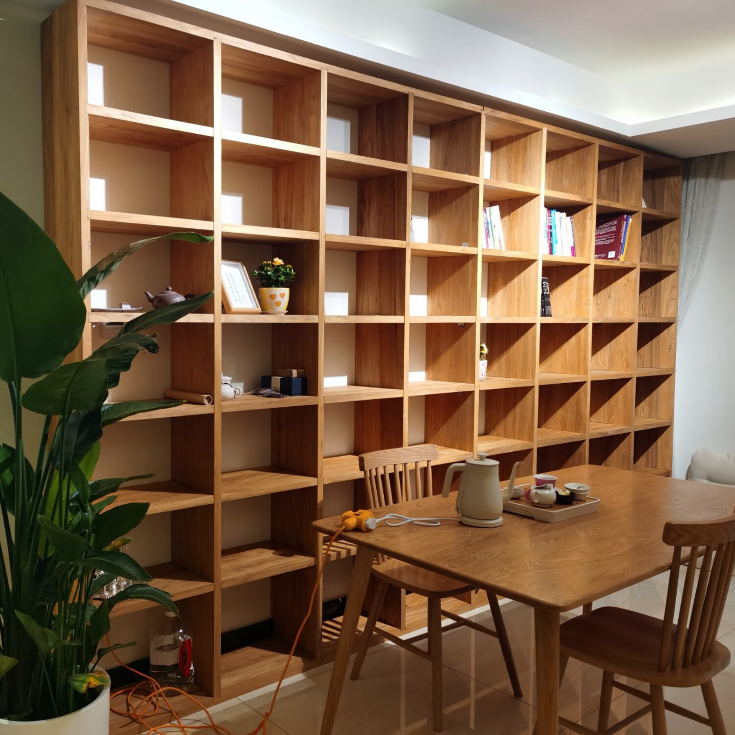 定制老榆木书架 实木置物架 原木落地收纳书柜隔断整墙满墙格子架 3cm厚老榆木板每平定制