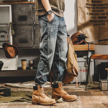 JEEP SPIRIT美式工装牛仔裤子男宽松直筒春夏新款重磅男士复古休闲裤潮 黄泥蓝 31 125-135