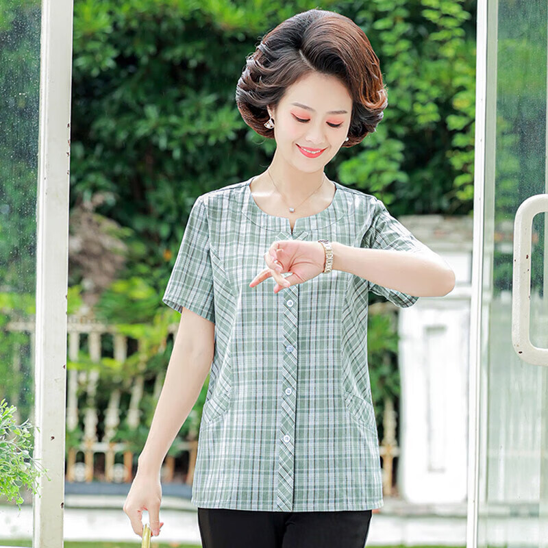 书眸中年妇女夏季短袖衬衫小个子妈仔妈半袖半截袖衬衣中老年矮个子