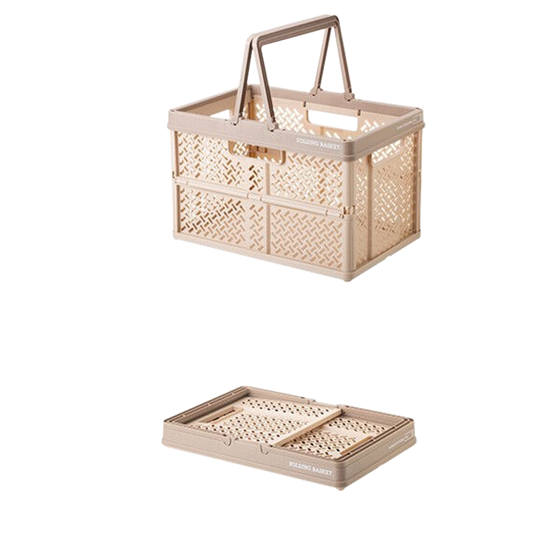 TENMA天馬塑料可折疊收納籃手提式衣服玩具儲物筐野餐籃購物籃可疊加M 淺咖【39*27*26cm】1個裝