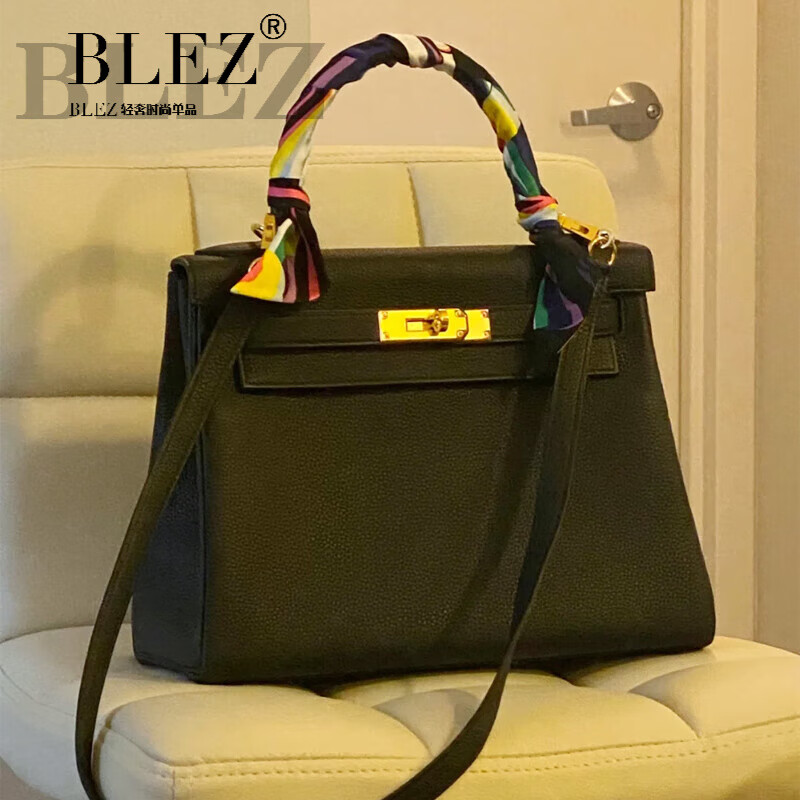 BLEZ女包新款荔枝紋二代凱莉包時(shí)尚百搭鉑金包頭層牛皮通勤休閑手提包 經(jīng)典黑25cm(頭層牛皮小號)