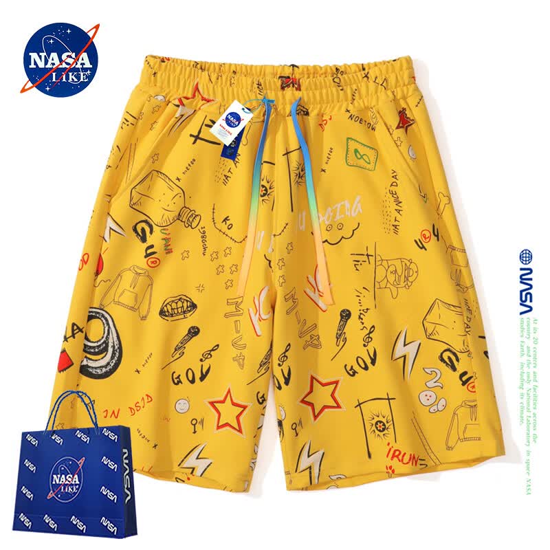 NASALIKE官方满印涂鸦短裤男夏季休闲五分裤沙滩大裤衩男士运动透气棉裤子 白色 XL (推荐129-145斤)