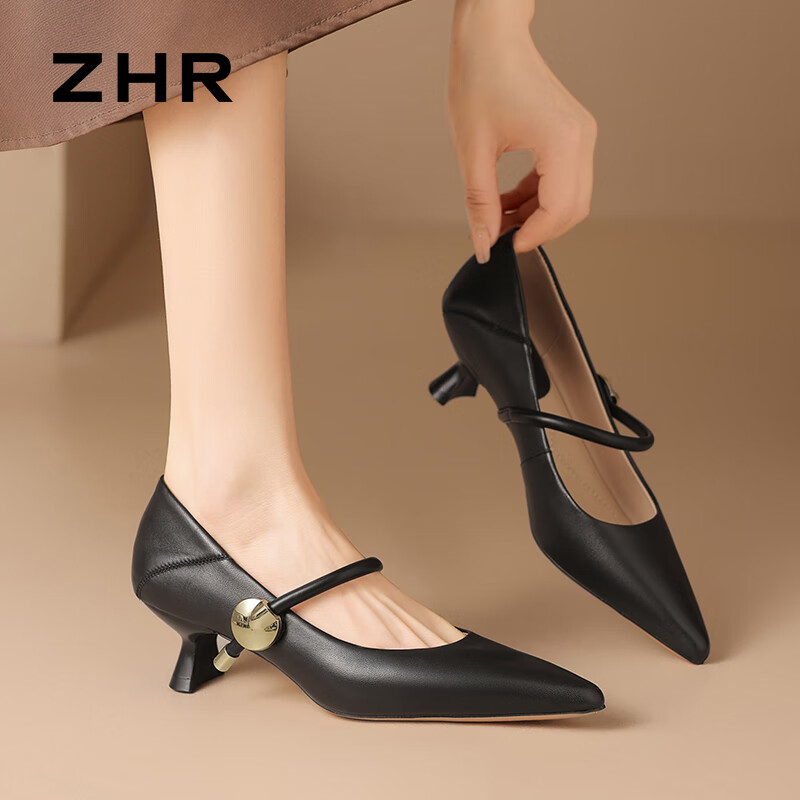 ZHR女鞋增高細(xì)跟時尚百搭淺口單鞋瑪麗珍尖頭鞋子女 S258 黑色 35 