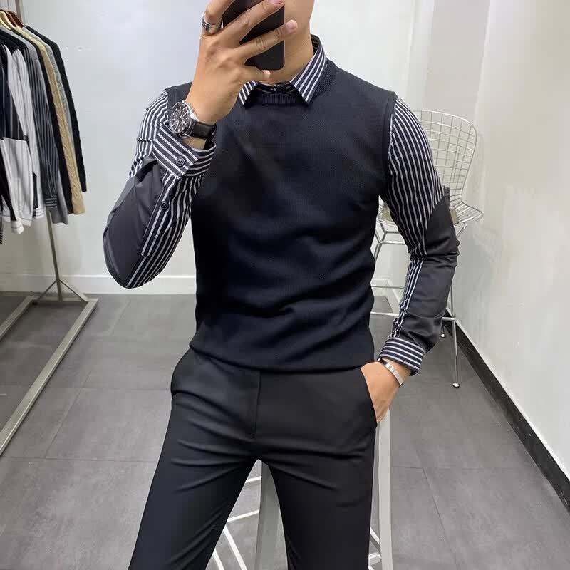 LUO ELEMENT衬衫领假两件毛衣男装2022新款秋装上衣修身加绒加厚打底针织衫男 黑色 M