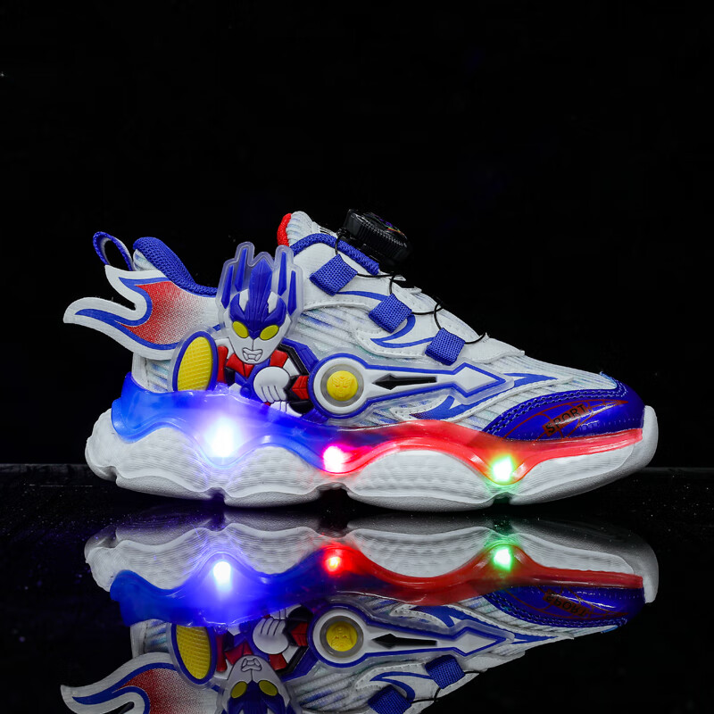 linbuxan2024夏季新款网面透气奥特曼鞋子男童运动鞋儿童旋转纽扣发光