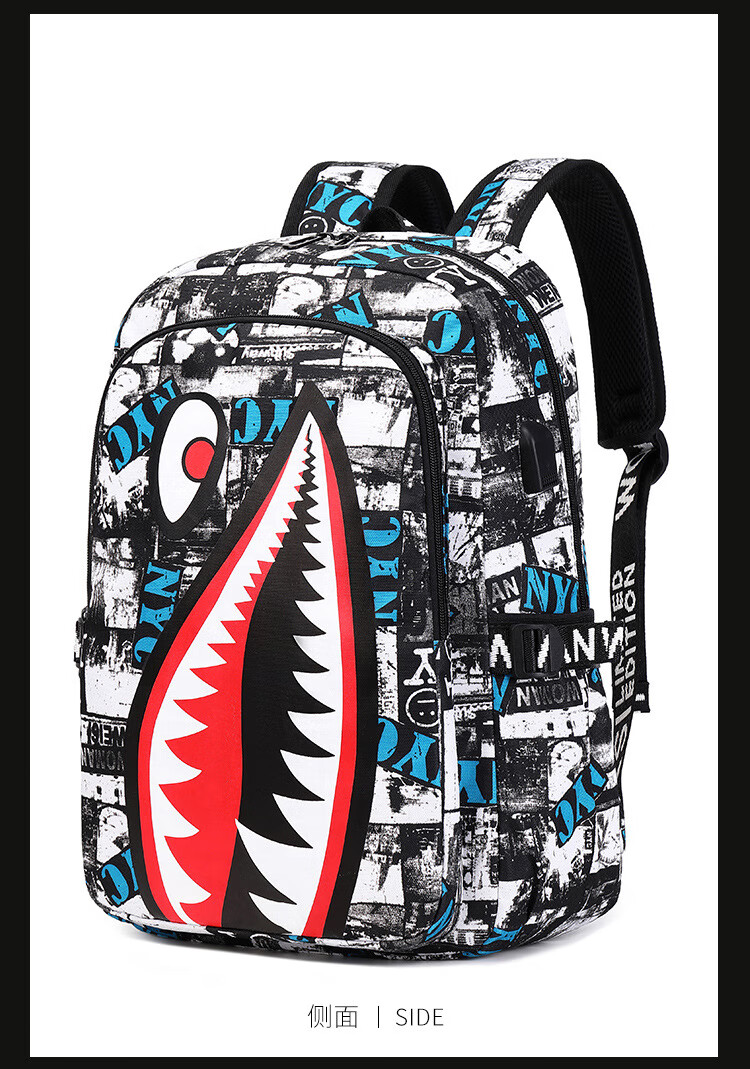 跨境新款专供儿童书包学生鲨鱼个性印花大容量轻便休闲简约包 报纸花