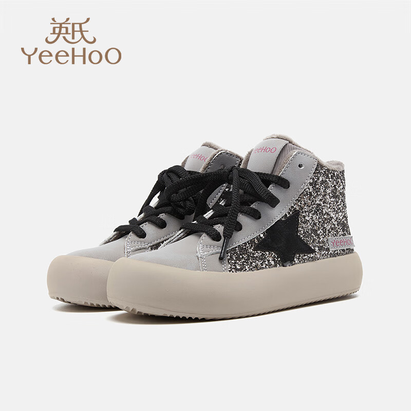 英氏（YEEHOO）童鞋儿童秋冬季轻便加绒保暖软底帆布鞋中大童运动鞋子板鞋男女童 银色 33