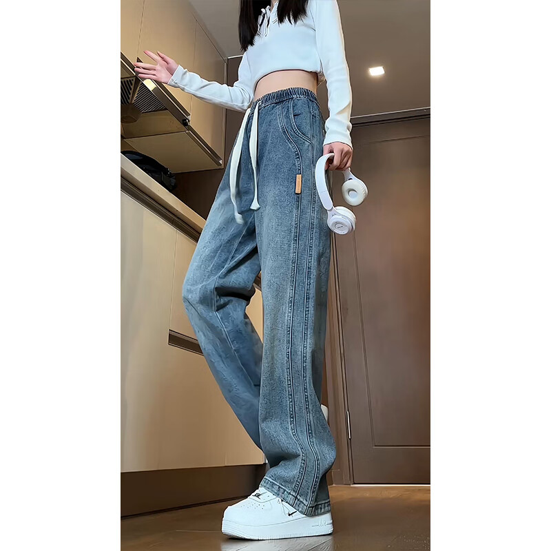梵诗哲品牌松紧腰牛仔裤女春秋季新款美式复古直筒宽松显瘦高腰阔腿