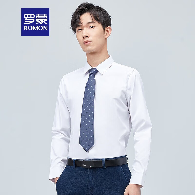 罗蒙（ROMON）长袖衬衫男秋季新款中青年商务休闲衬衣纯色工装衬衫 白色 43