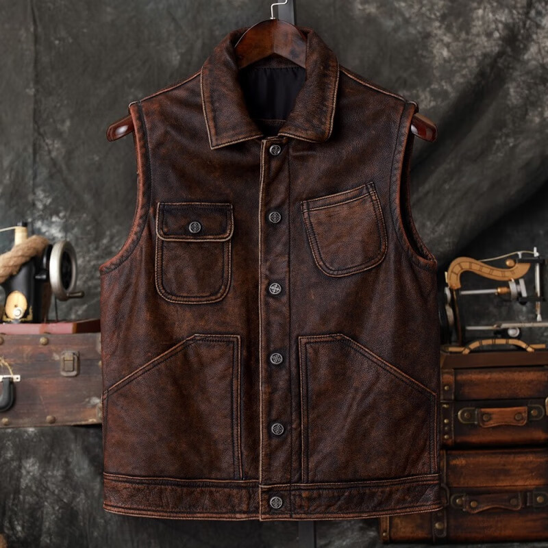 璇醇阿美咔叽头层牛皮皮夹克男真皮美式工装马甲石磨做旧皮衣皮背心
