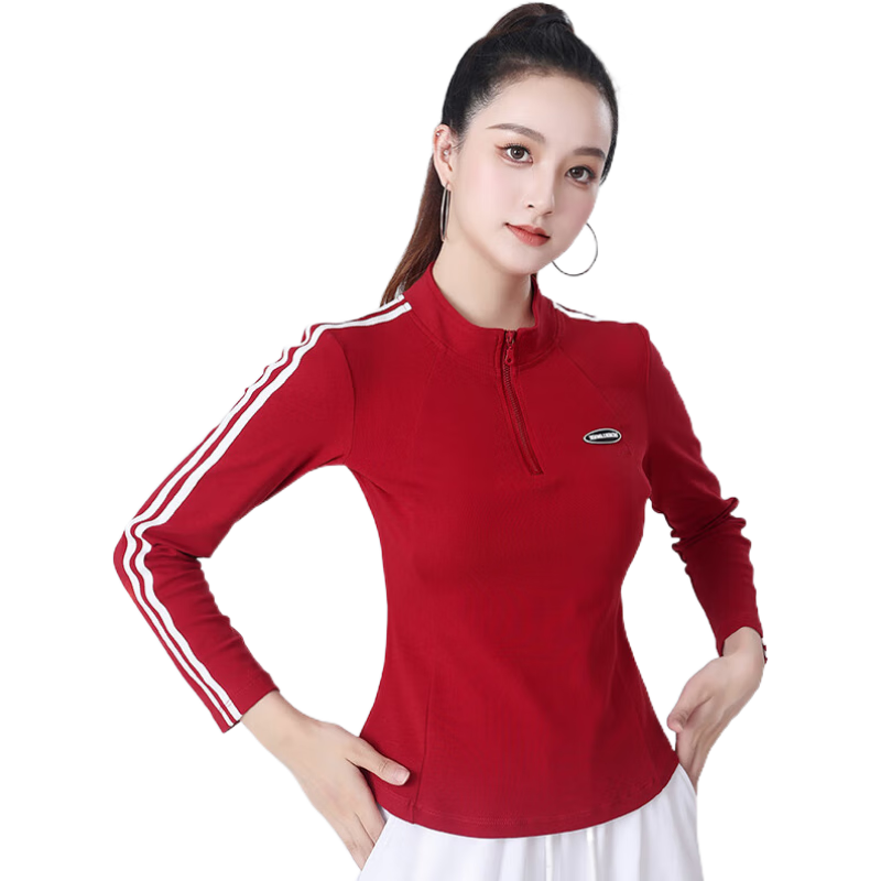 貝茲曼廣場(chǎng)舞服裝上衣女長(zhǎng)袖健身運(yùn)動(dòng)服棉半拉鏈立領(lǐng)上衣春秋季新款 酒紅色加絨上衣 4XL (135斤-145斤)