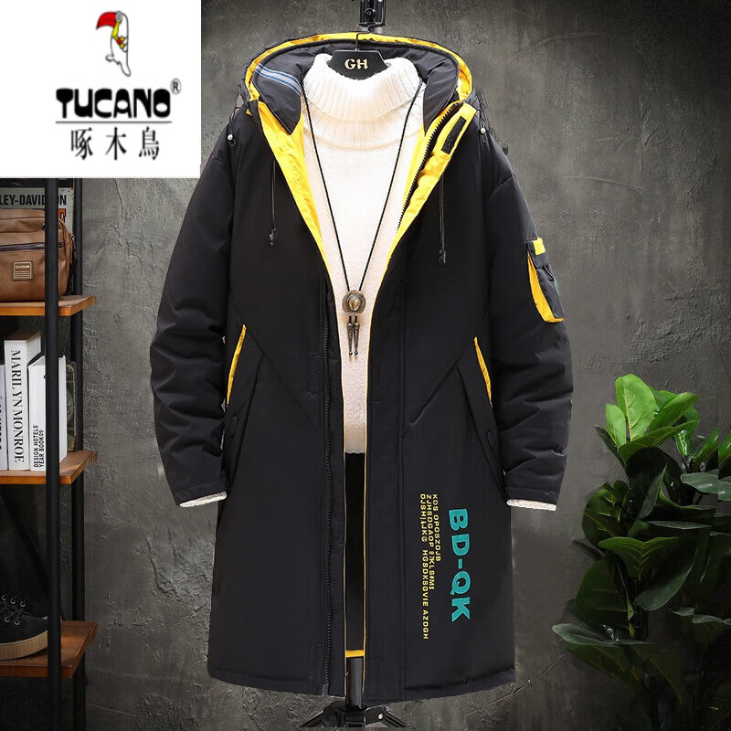 啄木鸟（TUCANO）高档袄羽棉绒服男中长款冬季加长加厚外套2025新款潮流修身中青年 9568超厚版黑绿高档人造棉升级款 L （105斤-120斤）