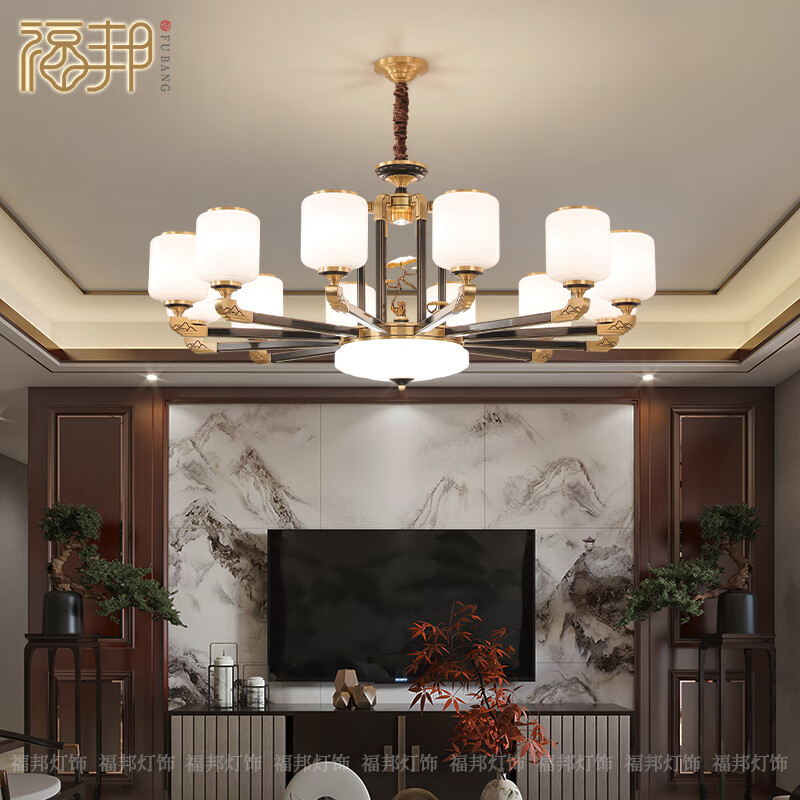 福邦新中式全銅吊燈現(xiàn)代簡約客廳燈餐廳主燈全屋燈具套餐臥室輕奢燈具 【金松迎客】全銅12頭