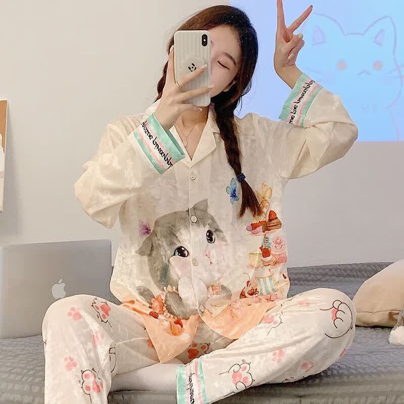 wcz罗丽丝睡衣长袖睡衣女秋冬猫咪图案休闲可爱翻领开衫网红风家居服