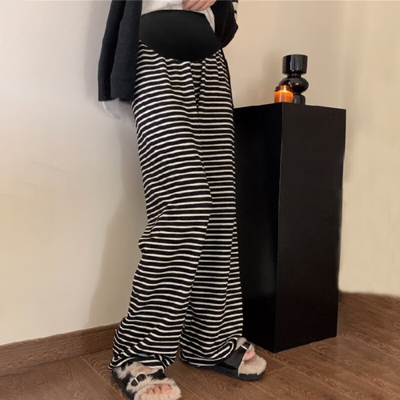 饰雯孕妇秋冬季条纹阔腿裤直筒宽松垂感慵懒休闲裤拖地裤长裤 黑色条