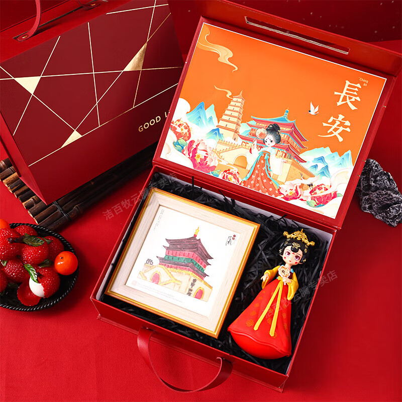 潔百牧西安文創(chuàng)紀(jì)念品 伴手禮精致大唐不夜城不倒翁旅游國(guó)潮禮物博物館 A-長(zhǎng)安印記禮·五 皮影相框+不倒翁擺件