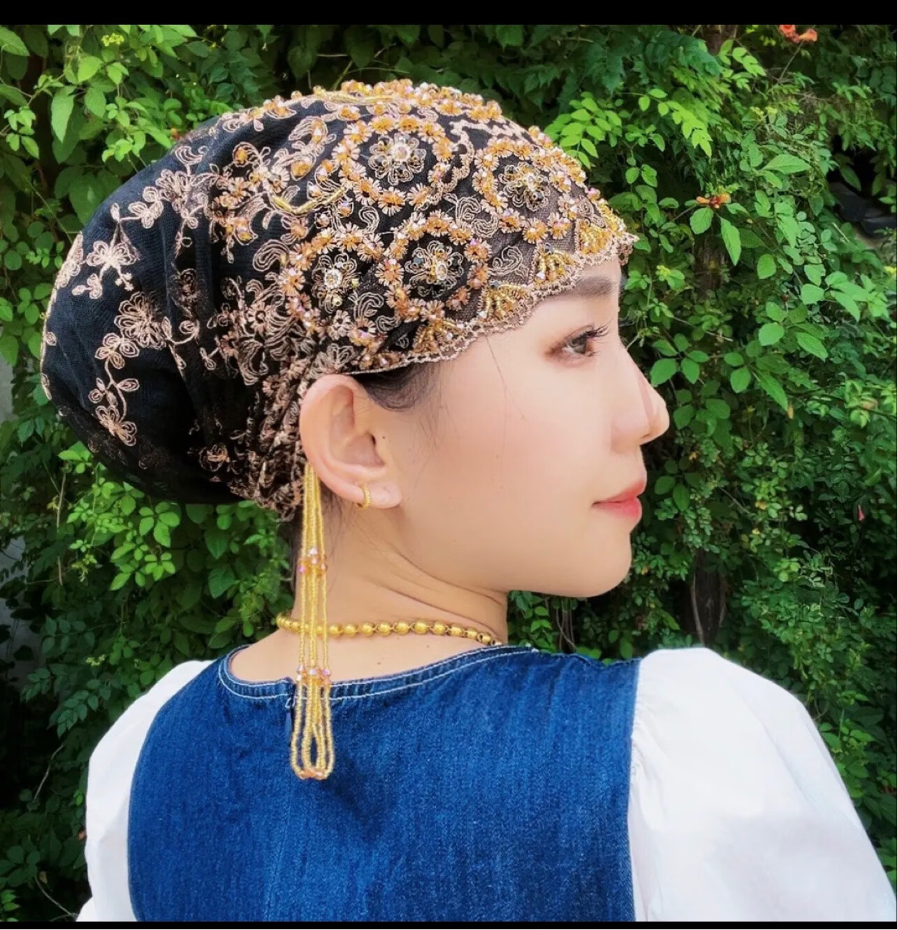 回族帽子 民族用品夏季绣花金丝线女帽头巾帽妈妈戴遮白发手工串 黑