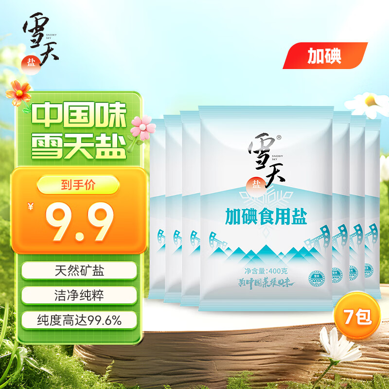 雪天（xuetian）未加碘精制盐家用盐深井矿盐岩层食用调味细盐巴整箱批发 【加碘】高纯食用盐400g*7包
