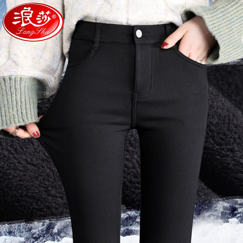 浪莎高腰打底裤女春秋外穿小脚裤黑色弹力显瘦紧身铅笔裤子女 黑色(秋冬加绒) L (105-115斤)