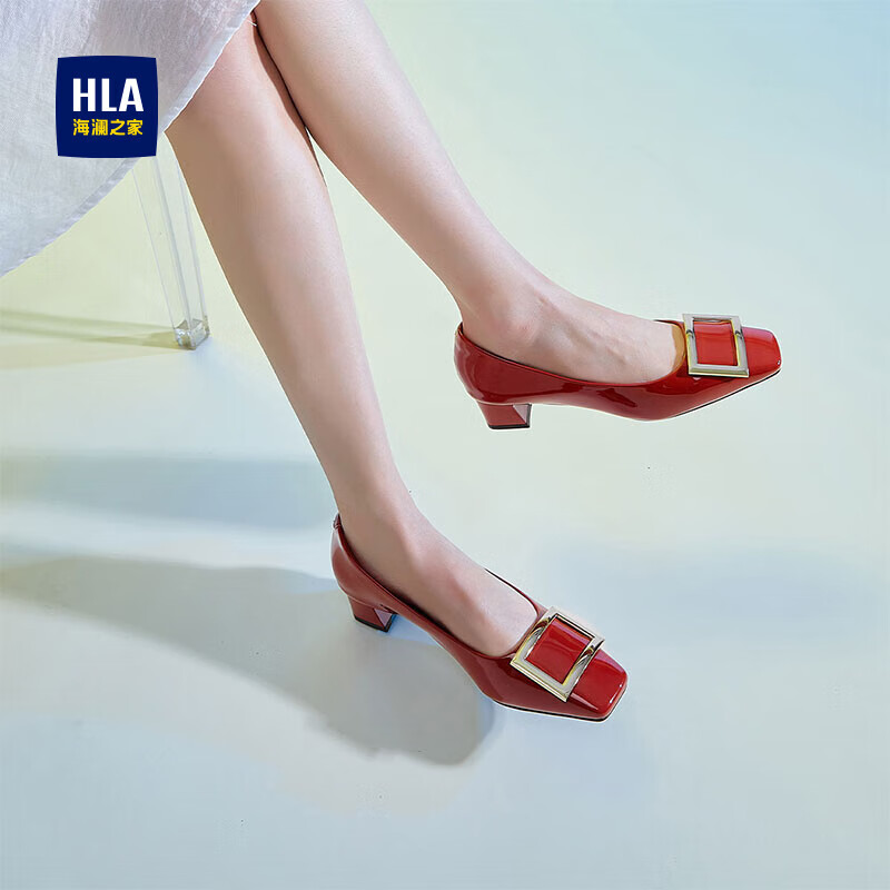 海澜之家（HLA）高跟鞋女法式漆皮方头粗跟浅口通勤单鞋HDADXW3ADI079 红色37