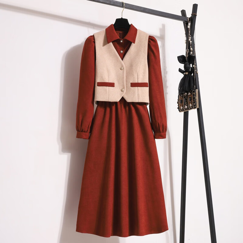 悦澈胖妹妹胖mm过年穿的衣服深冬搭配一整套装大码女微感毛呢马甲红色